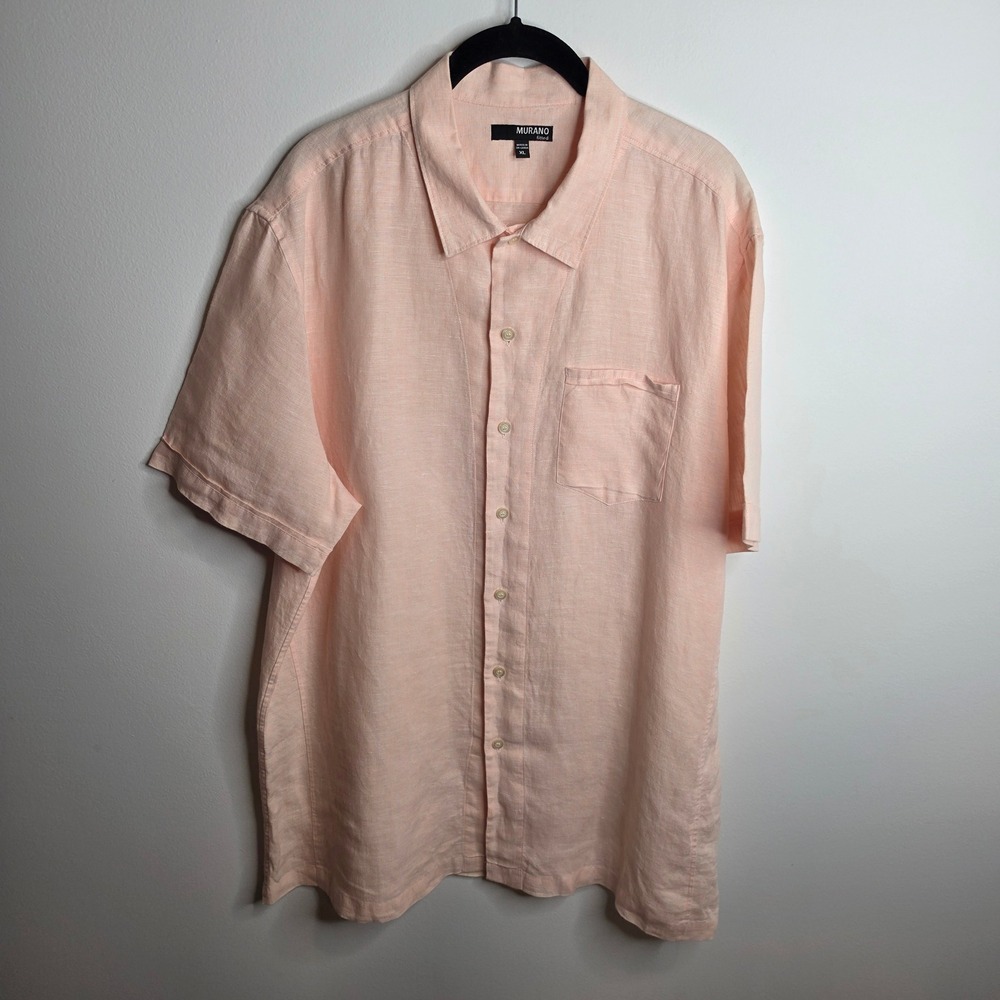 Murano 100% Linen Button Down Shirt Mens XL Peach Fitted Short Sleeve
